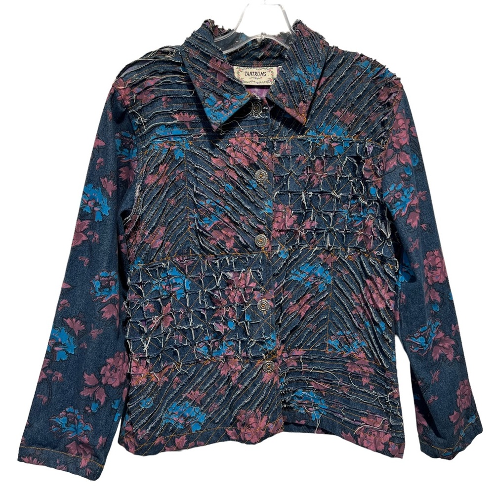 TANTRUMS Vintage Boho Floral Distressed Lightweight Jean Jacket Sz Small